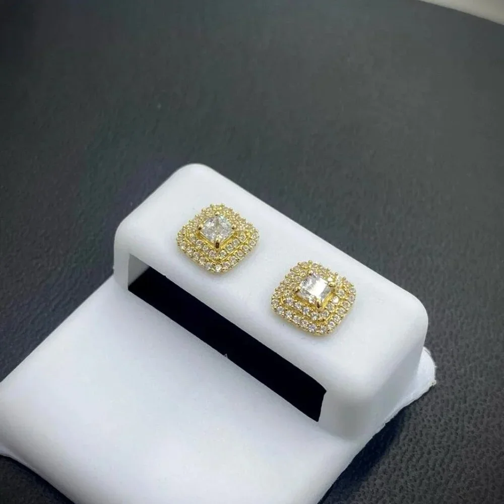 Baby Womens  Square Stud Earrings 14K Real Gold Push Back Baguette 2 Row CZ - Picture 2 of 6